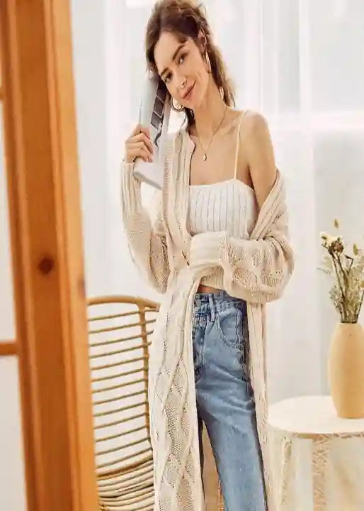 Boho Long Cardigan with relief, closed cuffs, powder pink