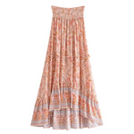 Boho Long Flared Skirt asymmetrical pink orange floral pattern