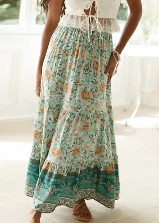 Boho Long Fluid Skirt Hippie print