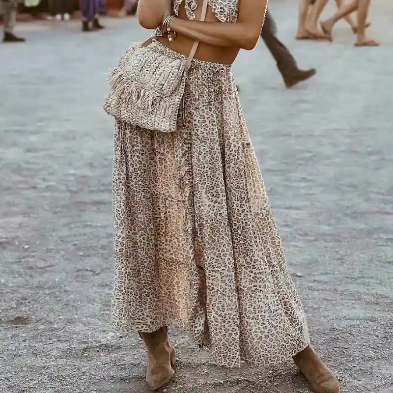 Boho Long brown skirt with floral pattern