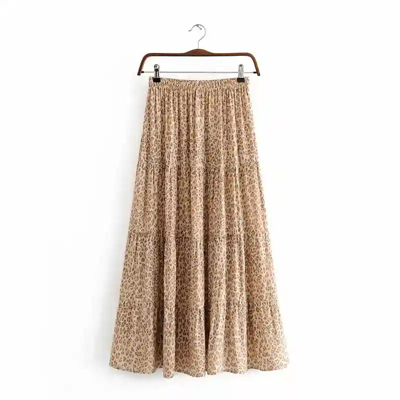 Boho Long brown skirt with floral pattern