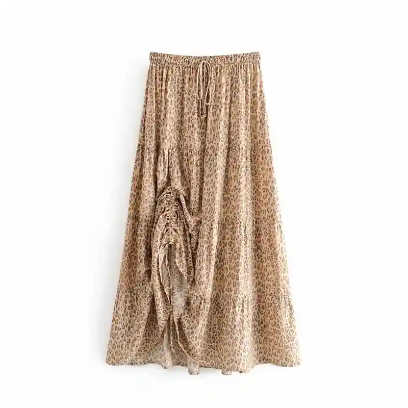 Boho Long brown skirt with floral pattern
