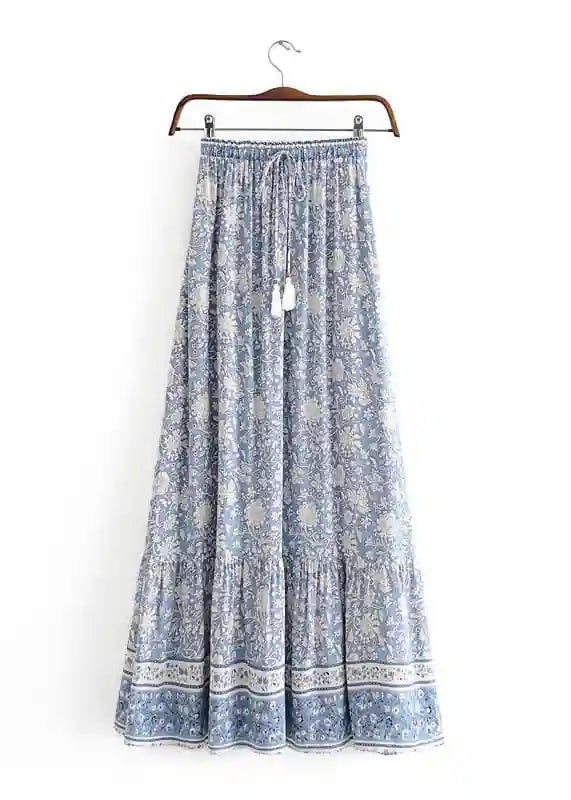 Boho Long flared Skirt blue floral white patterned