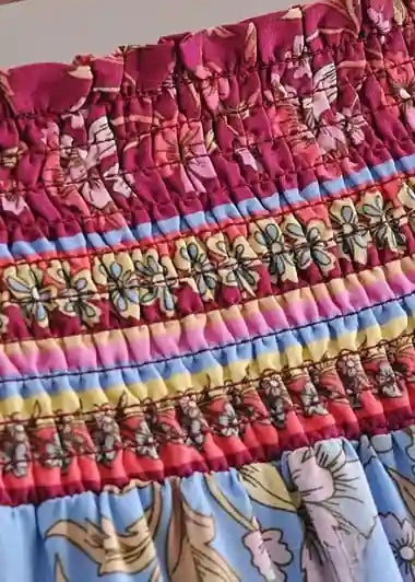 Boho Long flared Skirt with floral pattern elastic waist