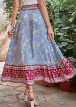 Boho Long flared Skirt with floral pattern elastic waist