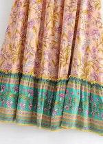Boho Maxi flared Skirt orange asymmetrical floral pattern