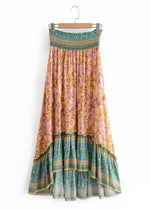 Boho Maxi flared Skirt orange asymmetrical floral pattern