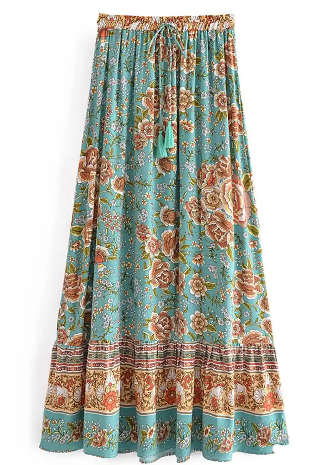 Boho Maxi skirt green floral pattern orange