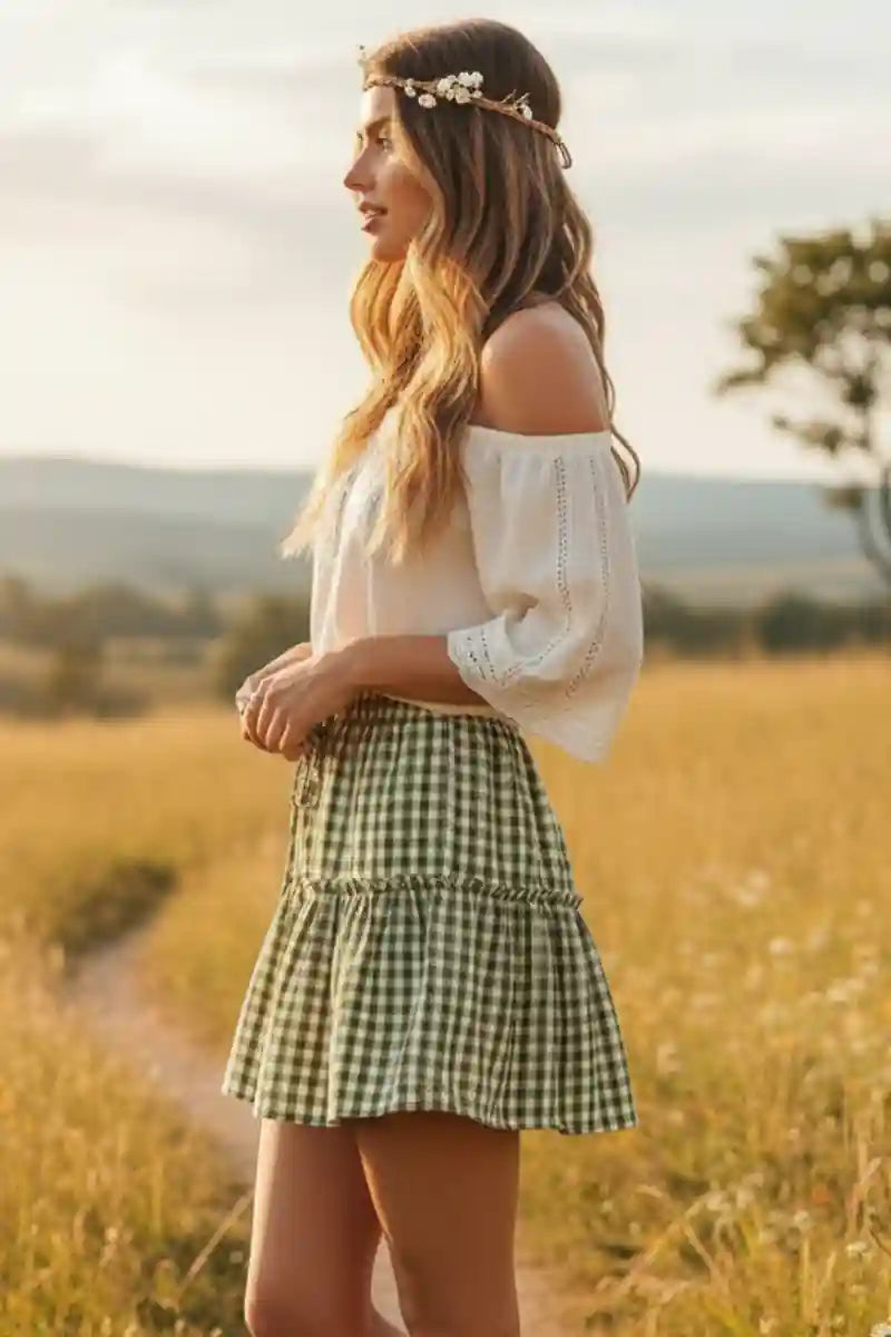 Boho Mini Skirt with Plaid Print