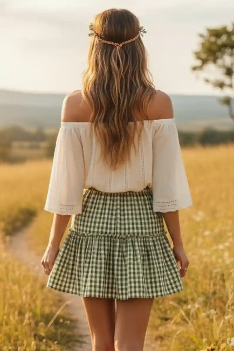 Boho Mini Skirt with Plaid Print