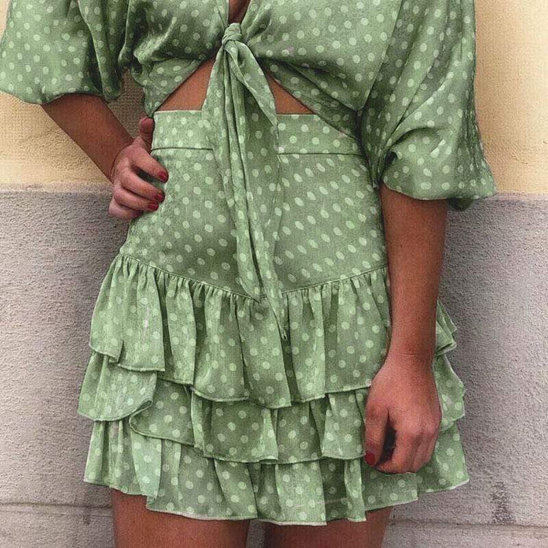 Boho Mini Skirt with Polka dots in Green