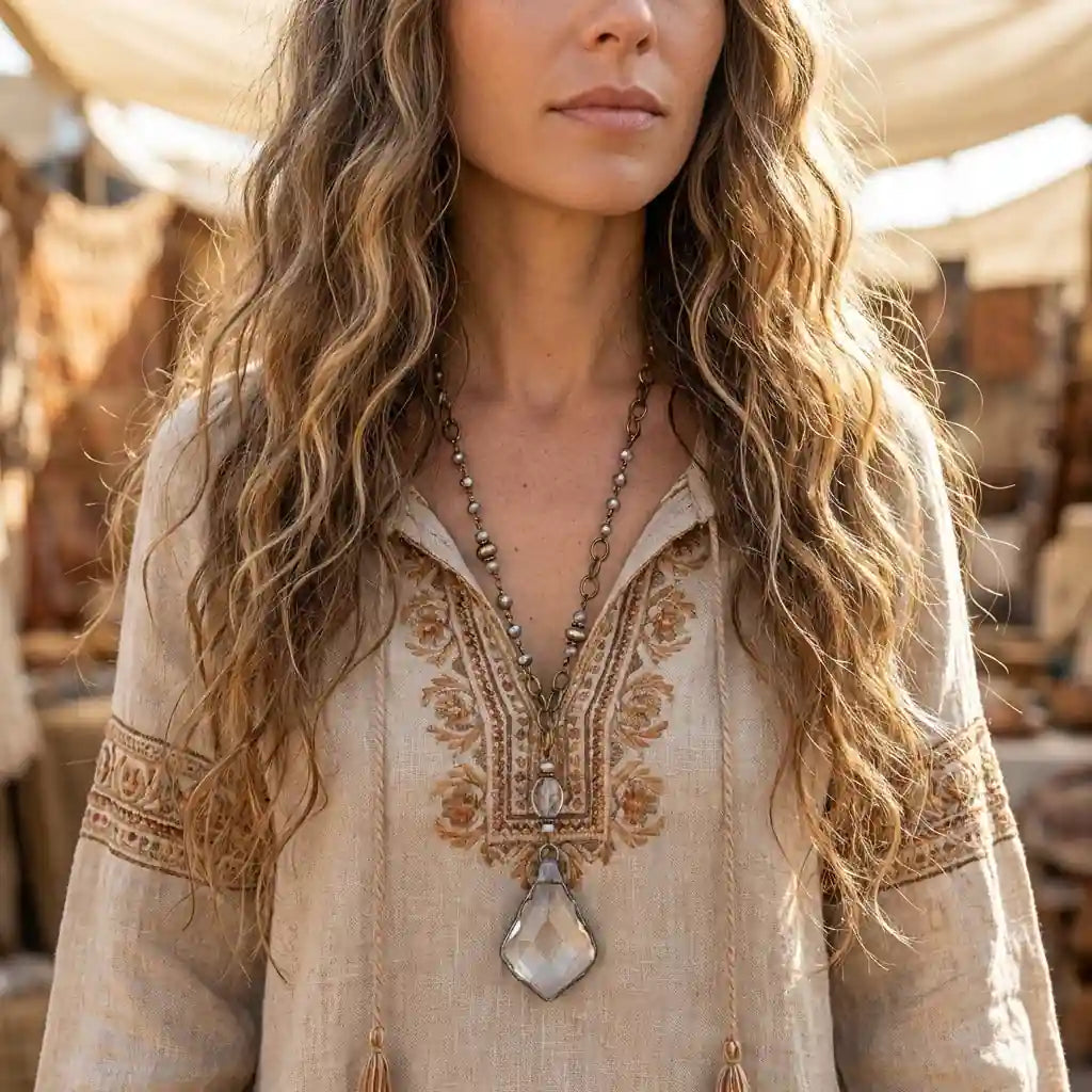 Boho Necklace Long- Crystal Pendant