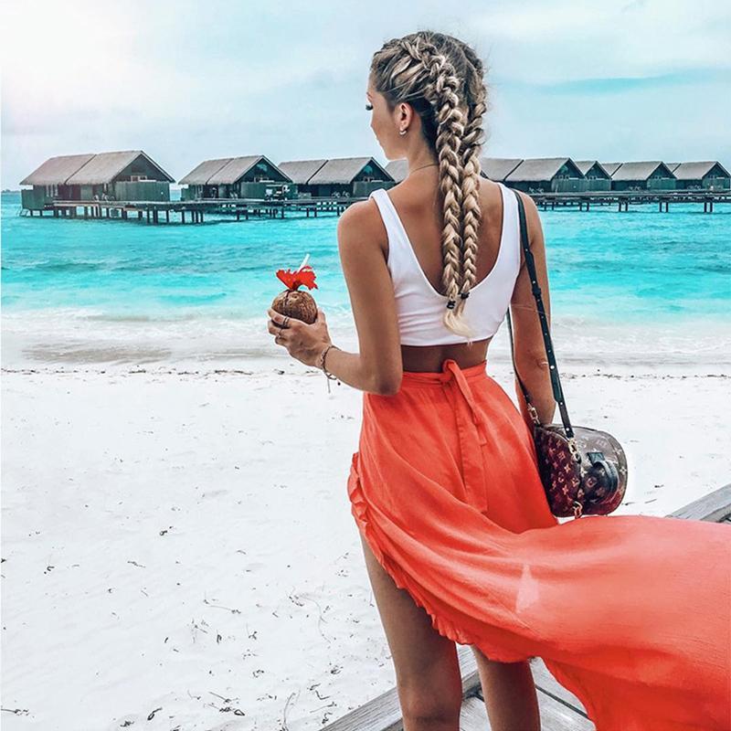 Boho Orange Long Split Skirt with Ruffles