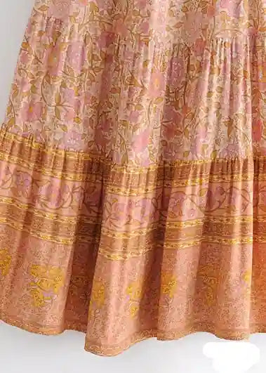 Boho Orange maxi Skirt with pink floral pattern