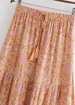 Boho Orange maxi Skirt with pink floral pattern