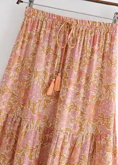Boho Orange maxi Skirt with pink floral pattern
