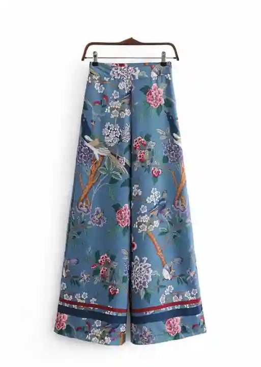 Boho Palazzo Pants in duck blue with floral pattern