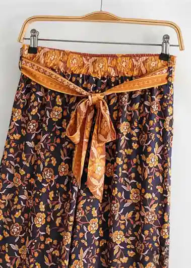 Boho Palazzo Pants in navy blue floral pattern, bow on the waist