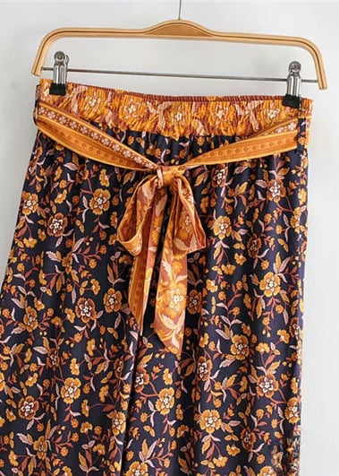 Boho Palazzo Pants in navy blue floral pattern, bow on the waist