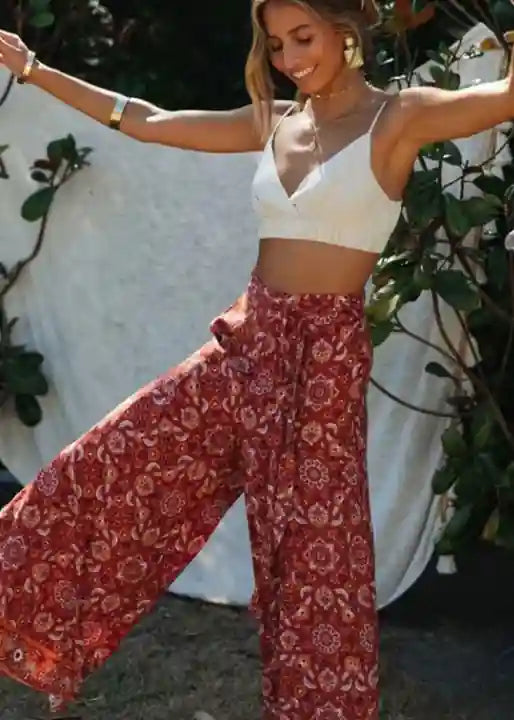 Boho Pants Palazzo Paisley Red Indian Floral