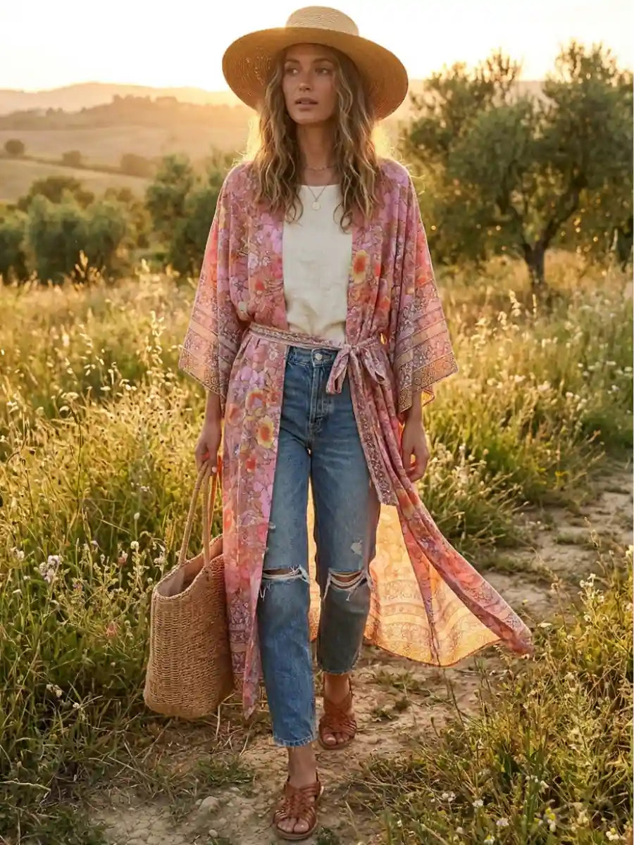 Boho Pink Floral Kimono
