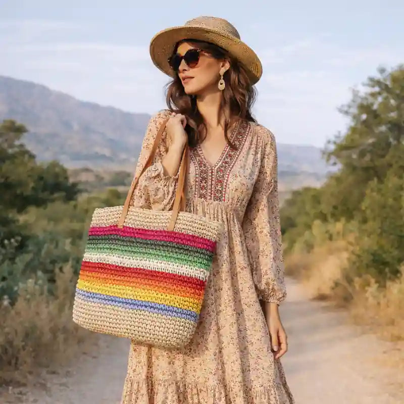 Boho Rainbow Beach Tote Bag