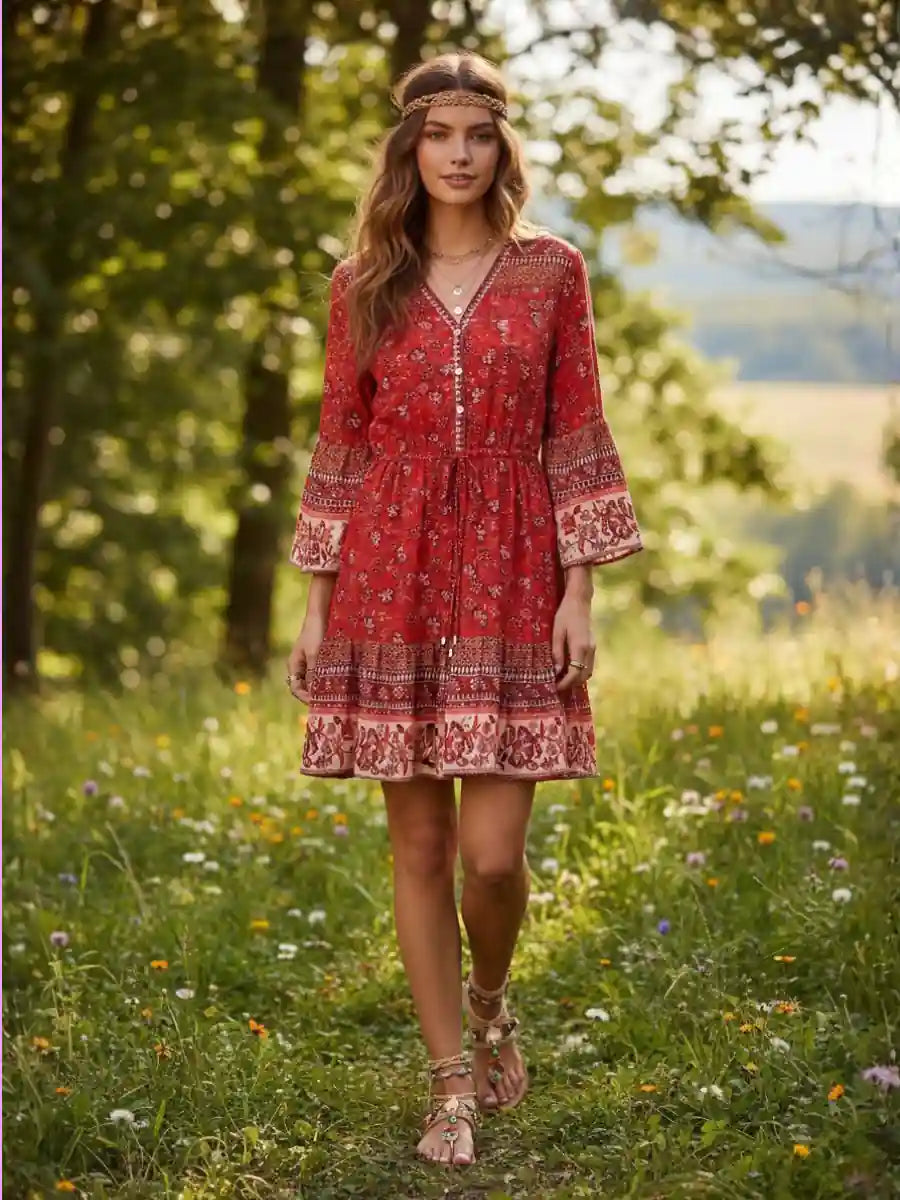 Boho Red Floral Wrap Mini Dress