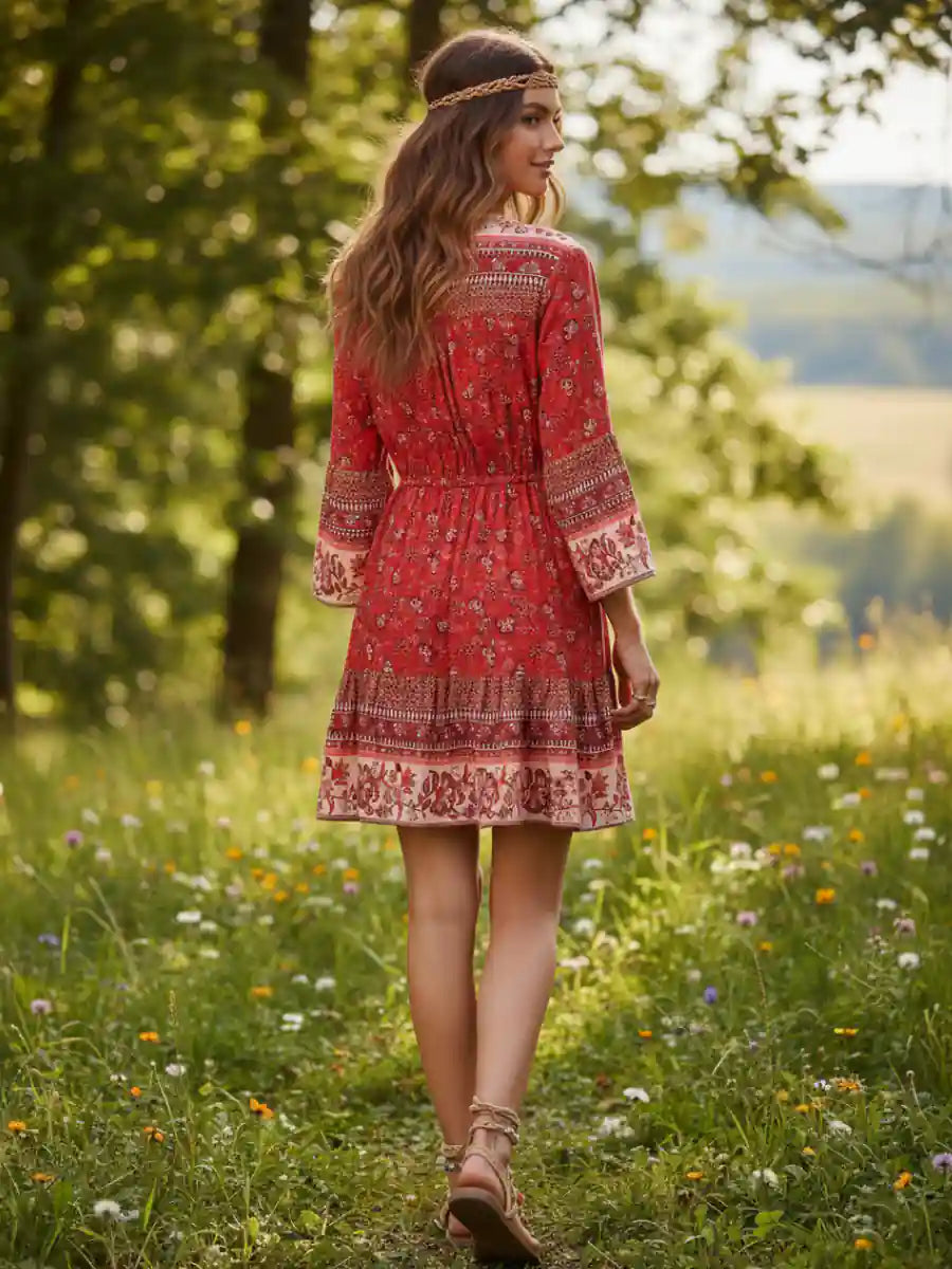 hippie red dress Maxi Boho Red Slit Dress
