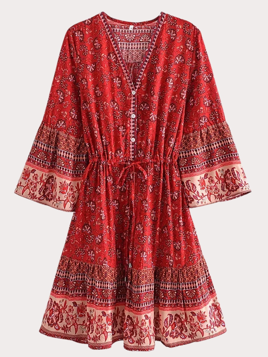 Boho Red Floral Wrap Mini Dress