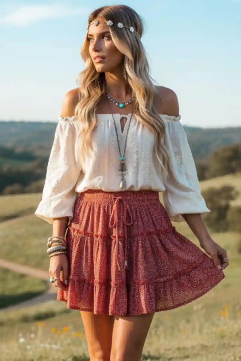 Boho Red Mini Skirt Adelie