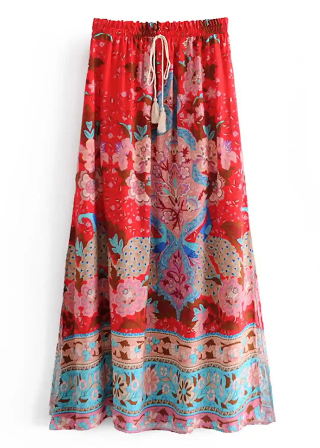 Boho Red maxi Skirt with floral print and pompom