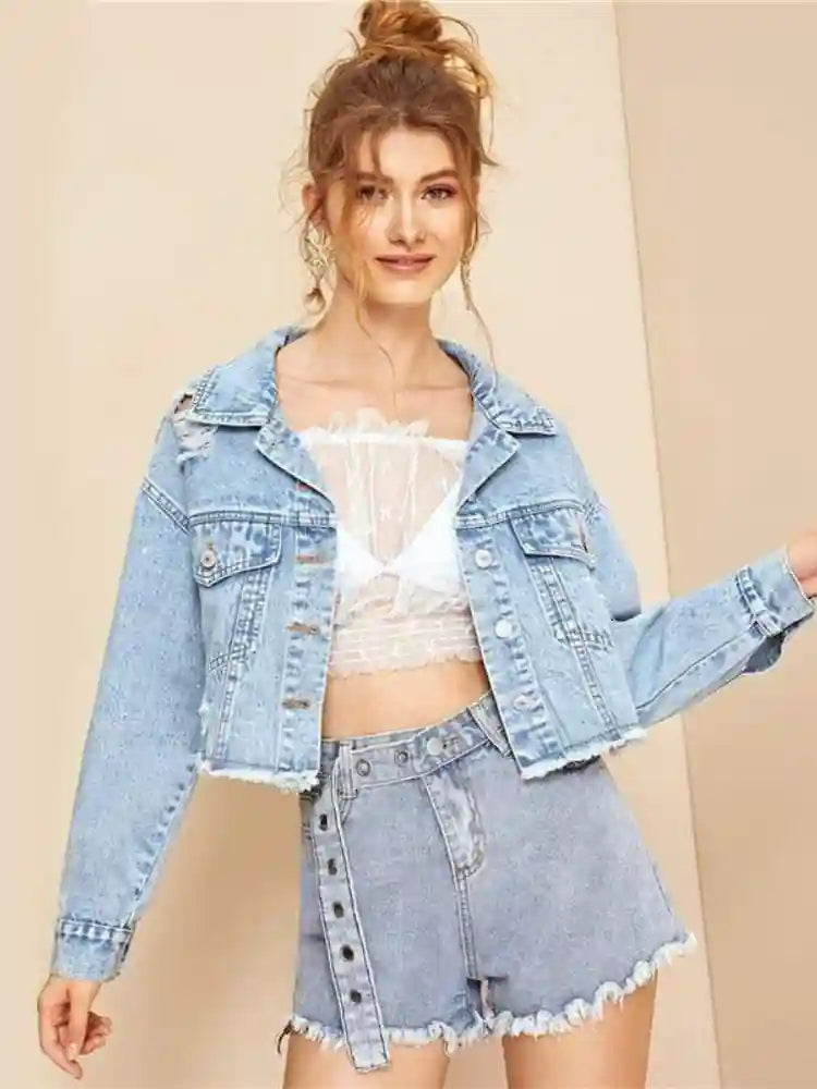 Boho Short Light Wash Denim Jacket