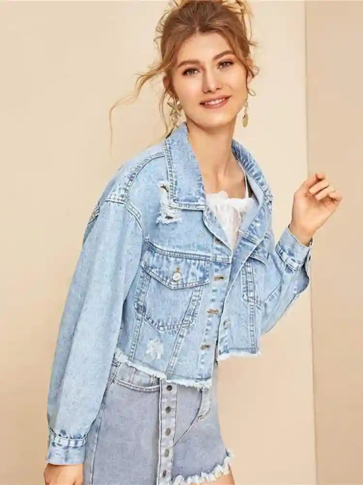 Boho Short Light Wash Denim Jacket