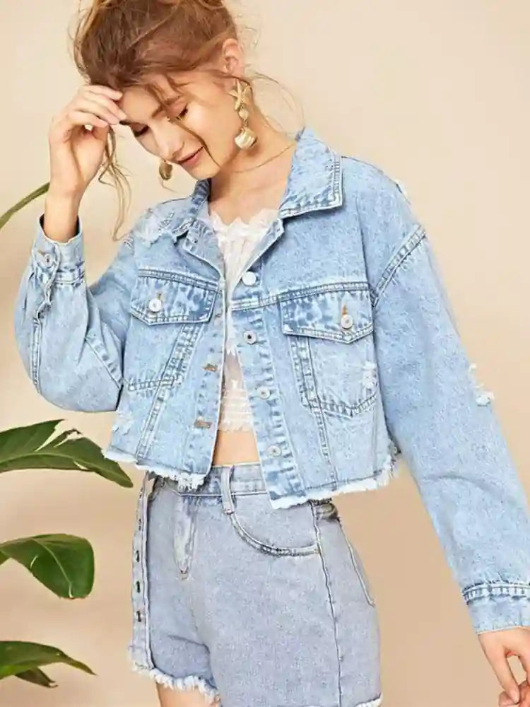 Boho Short Light Wash Denim Jacket