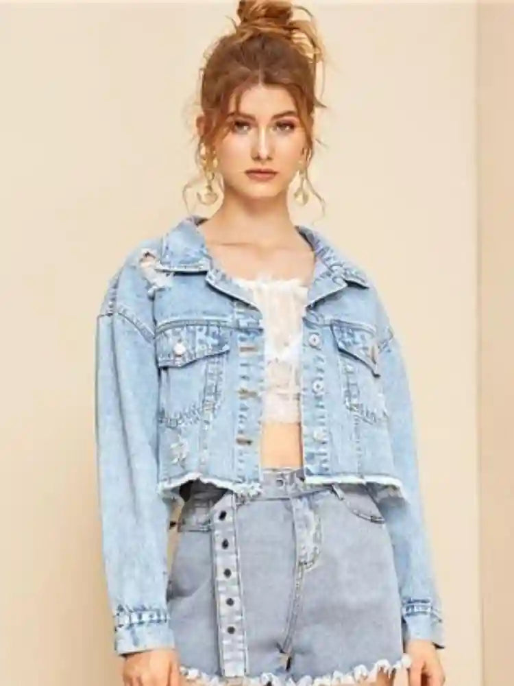 Boho Short Light Wash Denim Jacket