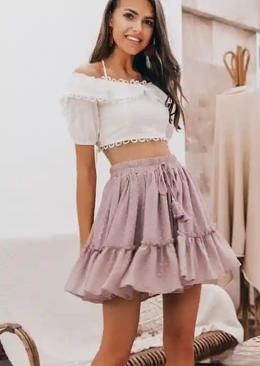 Boho Short skirt pink in gathered fabric with pompom