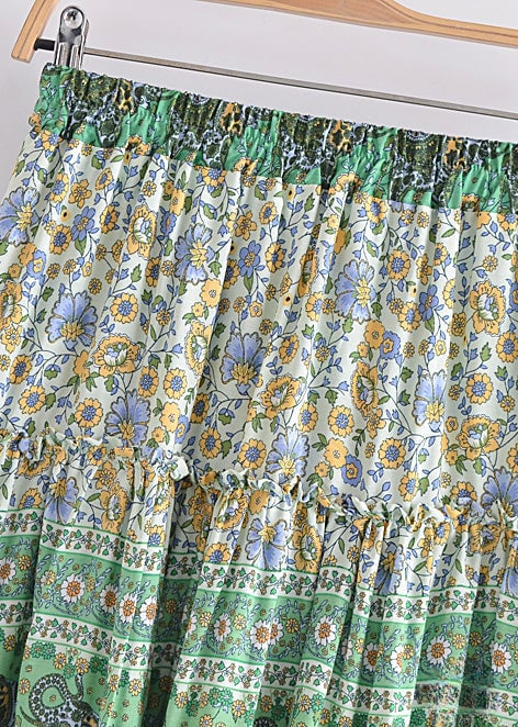 Boho Short skirts green, floral pattern with pompom cord