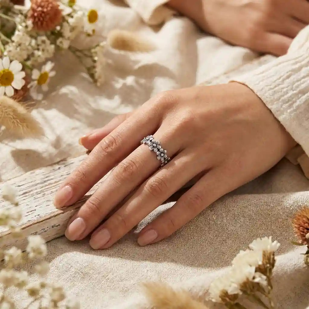 Boho Silver Daisies Ring