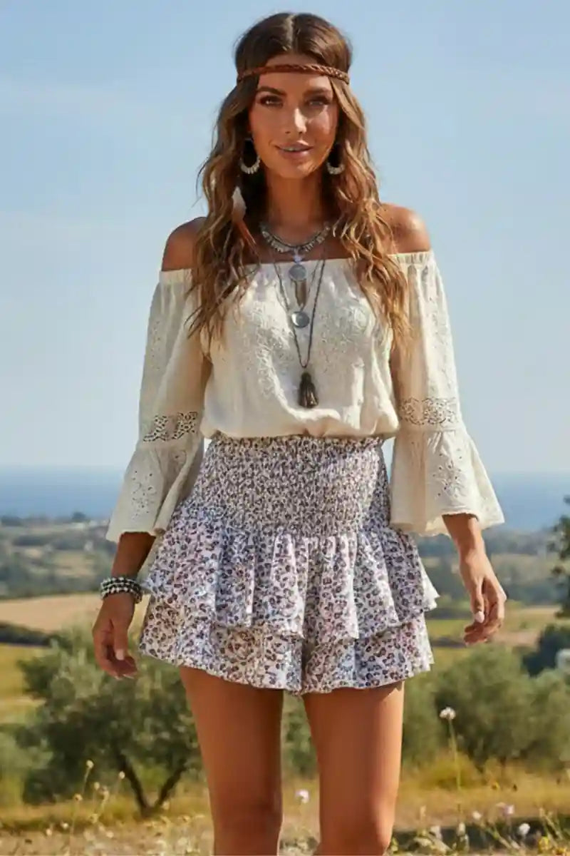 Boho Smocked Waist Ruffle Skirt