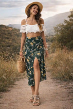 Boho Split Floral Skirt in Forest Green