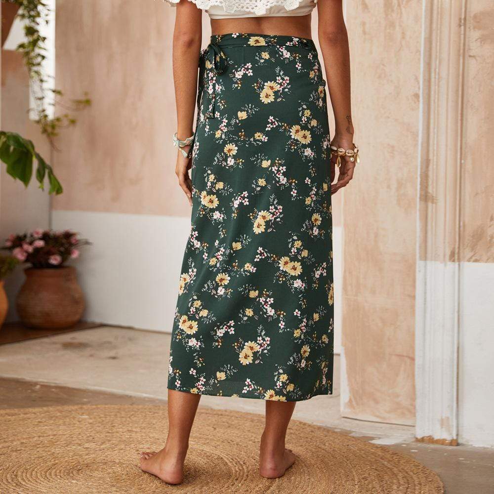 Boho Split Floral Skirt in Forest Green