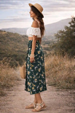 Boho Split Floral Skirt in Forest Green