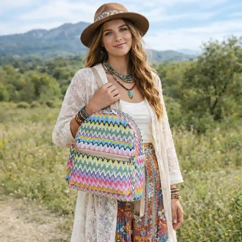 Boho Straw Backpack for Women
