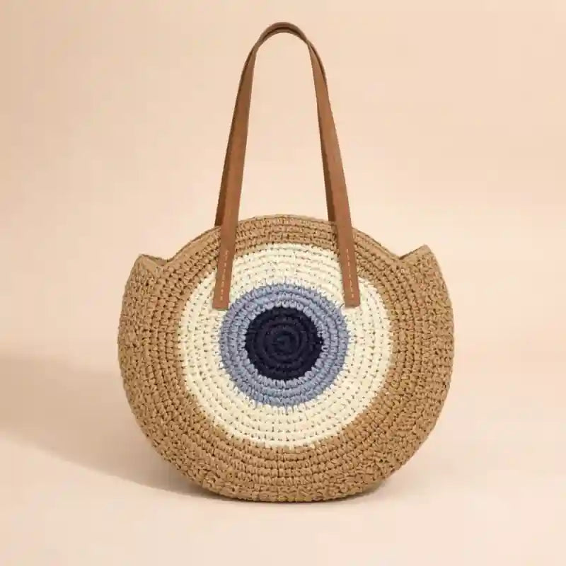 Boho Straw Round Beach Tote Bag