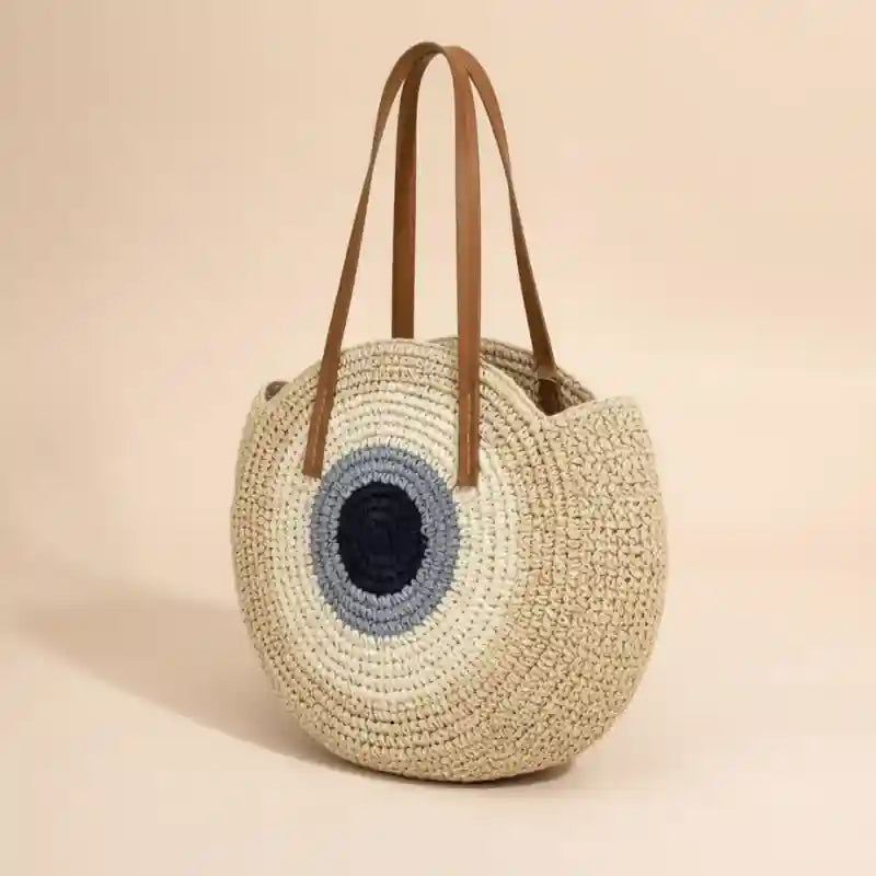 Boho Straw Round Beach Tote Bag