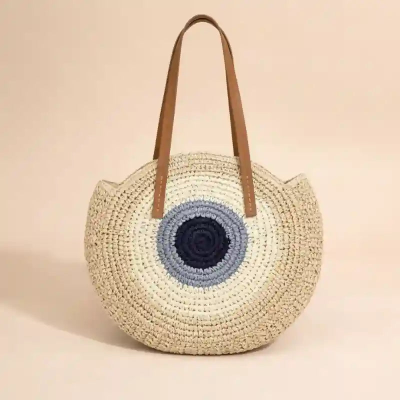 Boho Straw Round Beach Tote Bag
