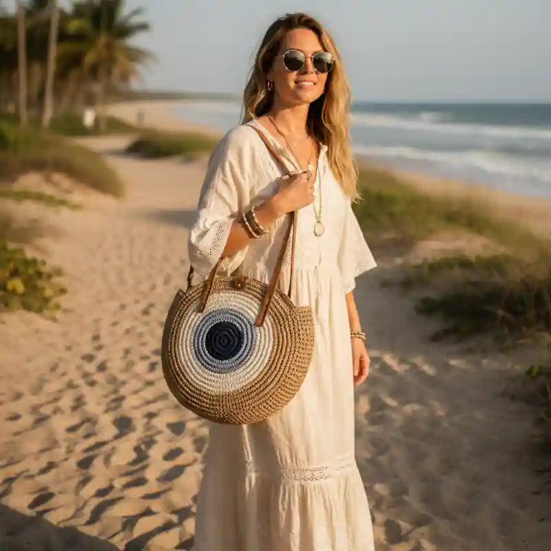 Boho Straw Round Beach Tote Bag