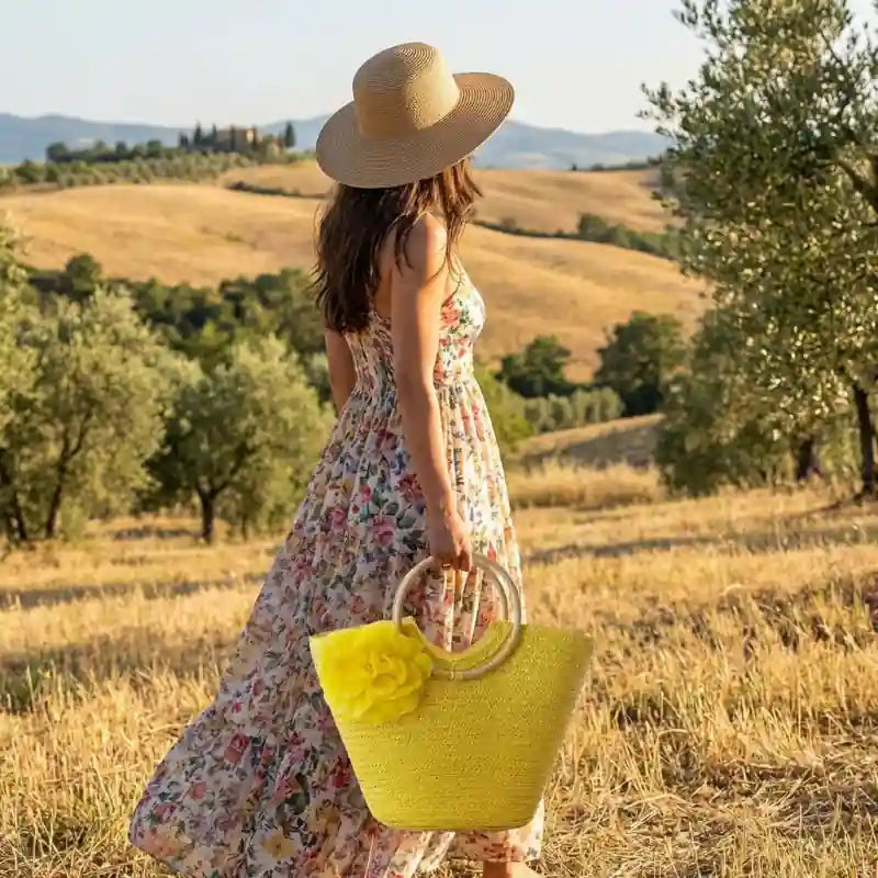 Boho Straw Tote Bag Big Flower