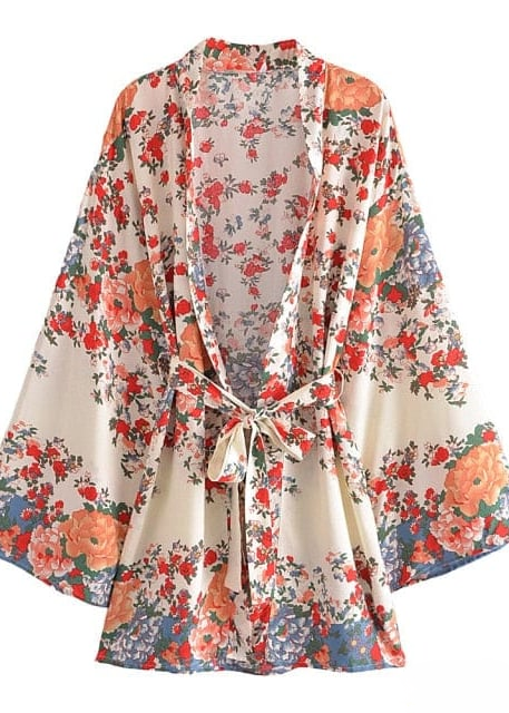 Boho  Summer White Kimono decorated with flowers