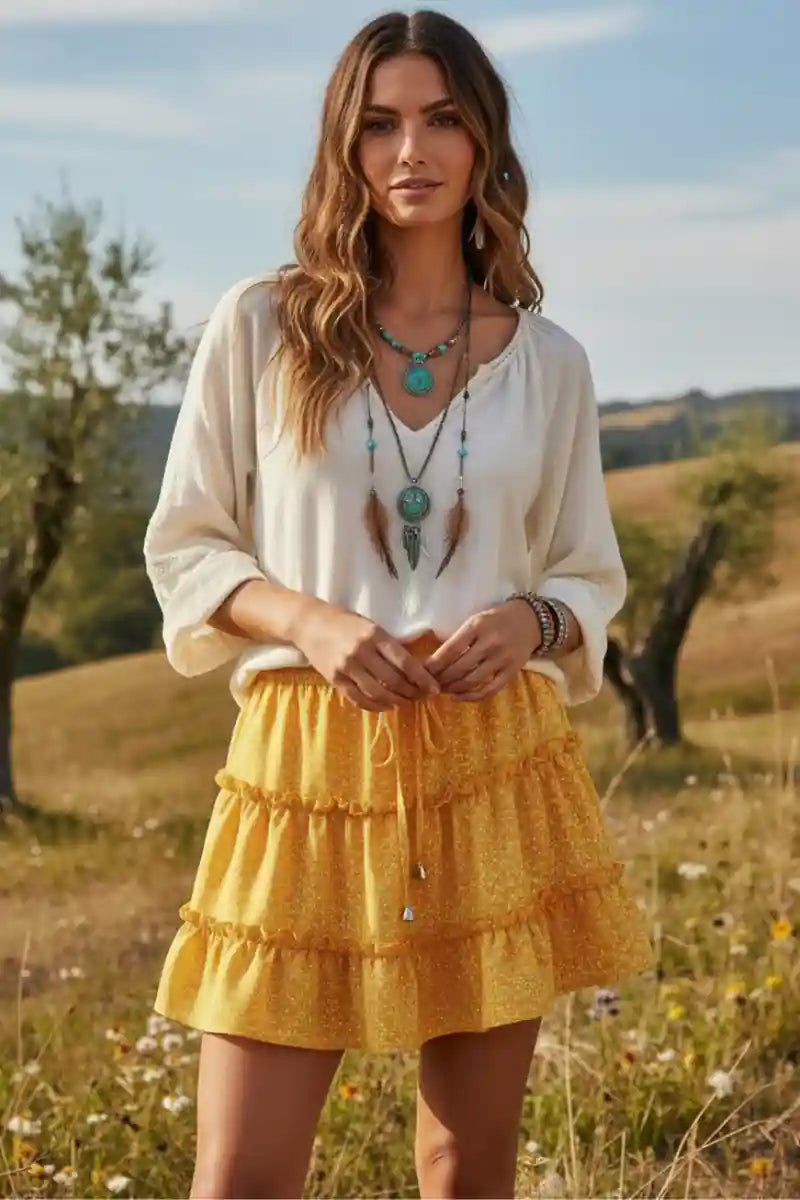Boho Yellow Ruffle Mini Skirt